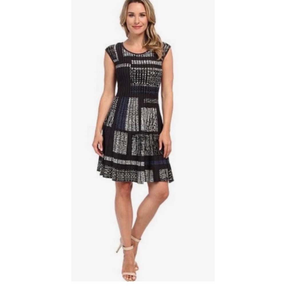 NIC+ZOE Womens Small Blue Black White Geometric Ribbed Knit Sweater Dress NWT